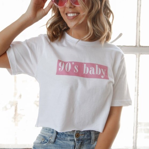 Huxley + Harper Tops - “90’s Baby” Crew Neck Cropped White Tee w/ Raw Hem